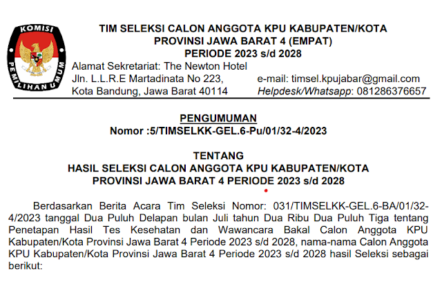 28 Juli 2023, Tim Seleksi Komisi Pemilihan Umum (KPU) Provinsi Jawa Barat telah menyelenggarakan tes kesehatan dan wawancara